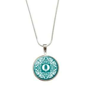 Letter Q Initial Teal and White Scrolls Pendant with Sterling Silver 