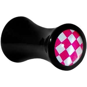   Gauge Black Acrylic Pink and White Checkerboard Saddle Plug: Jewelry