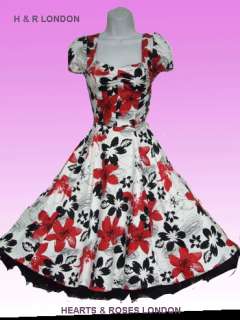 White Red Black Floral Pinup Dress Bridal Vintage Rockabilly Swing 50 