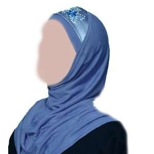  Blue 1 Piece Hijab with Embroidery on Satin Front 