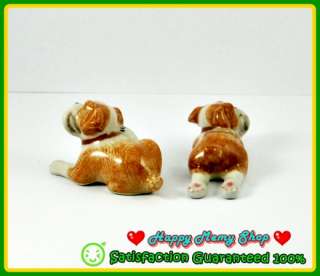 Miniature Figurine Ceramic Animal Statue Gift Cute Brown 2 Puppy Dog 