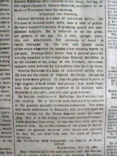 1862 Civil War newspaper GENERAL GEORGE McCLELLAN is FIRED by ABRAHAM 