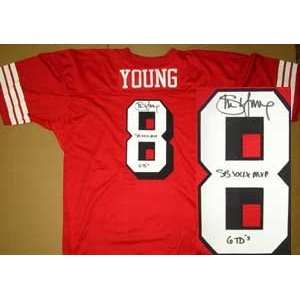 Autographed Steve Young Jersey   Red Prostyle Shadow Number SBMVP 6TD 
