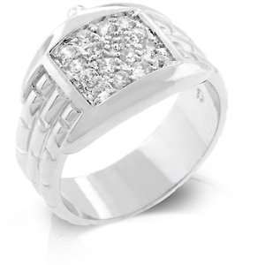 Mens Ring   White Gold Rhodium Bonded Watch with Pave Clear CZ Face 