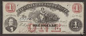 US, 1862 $1 Virginia Treasury Note, Circ. Cris #18 2;9  