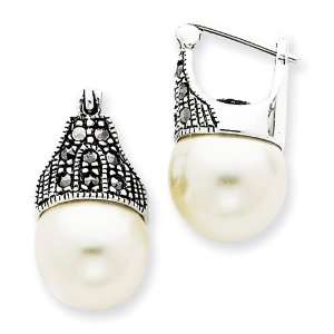   Marcasite and Simulated Pearl Hoop Earrings Vishal Jewelry Jewelry