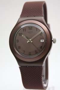 New Swatch Irony Big Aluminum Brown Effect Rubber Band Watch Date 38mm 