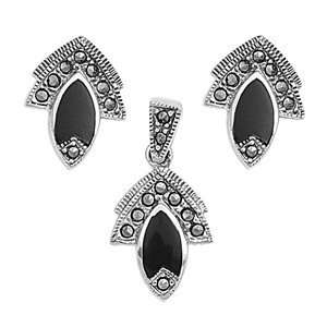 Sterling Silver Marcasite Pendant and Earrings Set   Teardrop Dangling 