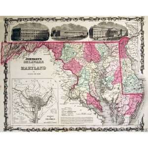  Johnson 1860 Antique Map of Delaware & Maryland Office 