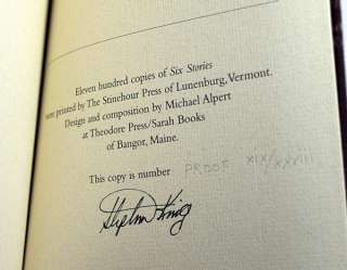 Stephen King Six Stories PROOF Signed of 28 xix/xxviii  