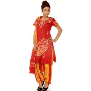  Red Batik Salwar Kameez Suit with Printed Paisley   Pure Cotton 