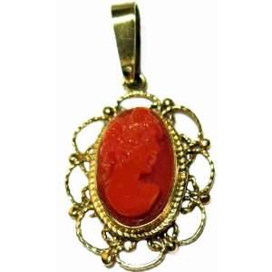   Carved Mediterranean Coral Cameo Pendant 14k Gold Italian Jewelry