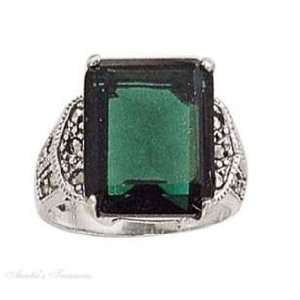   Sterling Silver Green Quartz Marcasite Cocktail Ring Size 4 Jewelry