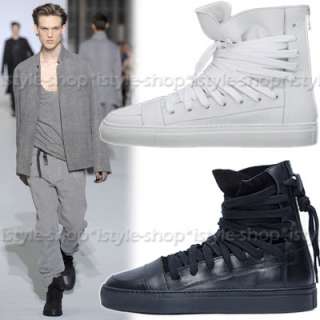 Runway Mens Multi Wrap Lace Up Leather Hightop Sneakers White/Black 
