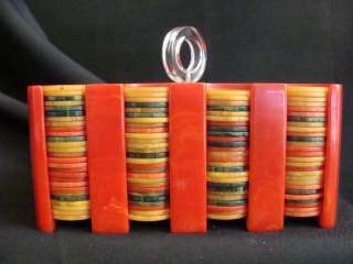 Art Deco Red Swirl Bakelite Poker Chip Caddy With Lucite Ring Handle 