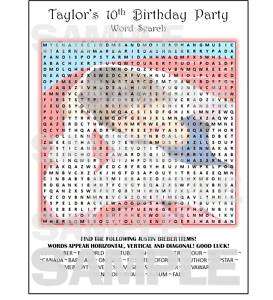 JUSTIN BIEBER birthday party PERSONALIZED WORD SEARCH  