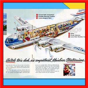 UNITED AIRLINES 1951 CUTAWAY BOEING STRATOCRUISER & ILLUSTRATED HAWAII 