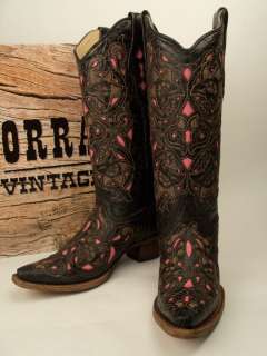 Ladies Corral Boots A1953 Black Cognac with Pink Goat Overlay Free 