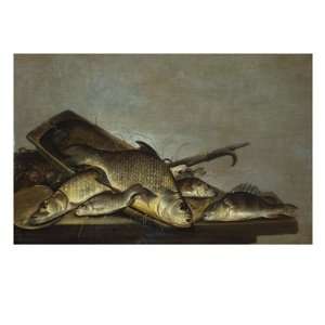  A Carp, Perch and a Pike in a Wooded Tray with Nets and a 