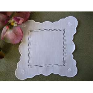 Dozen White Linen Cocktail Napkins with Scalloped Edges  