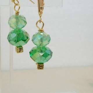 Handmade earrings AB lt grass green crystals goldtone clip on or 