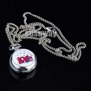 Silver Pendant Love Pattern Quartz Pocket Watch Necklace Chain 
