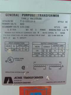 Acme T 2 53110 S General Purpose Transformer 1 phase 600v 120/240v 