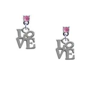 Mini Silver Love in Square   Light Pink Swarovski Post Charm Earrings 