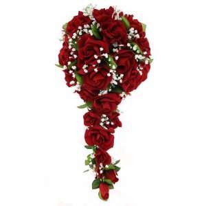  Red Silk Rose Cascade   Wedding Bouquet 