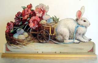 WHITE Bunny w/ CARNATION Wagon   EASTER Decoration   Vintage Postcard 