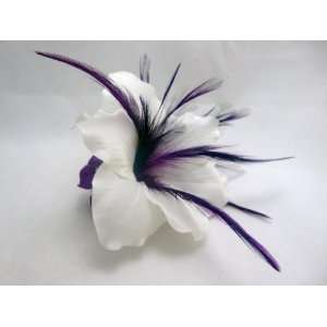  NEW White Lily with Purple Feathers Hair Flower Clip 