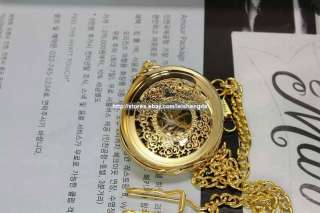 Mens Golden Tone Skeleton Mechanical Pocket Watch Chain  