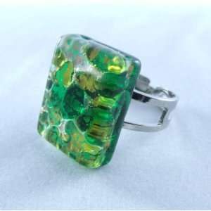    Green Gold Rectangle Venetian Murano Glass Adjustable Ring Jewelry