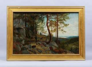 ANTIQUE HUDSON RIVER SCHOOL SIGNED DOG HUNTER PANORAMIC VIEW OIL 