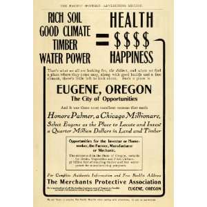  1907 Ad Agriculture Eugene Oregon Honore Palmer Timber 