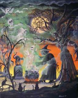   Halloween Ghostly Manor Witch Ghost Skeleton Cats PRINT HA31 Byrum