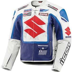 Icon Victory Suzuki Mens Leather Road Race Motorcycle Jacket   Blue 