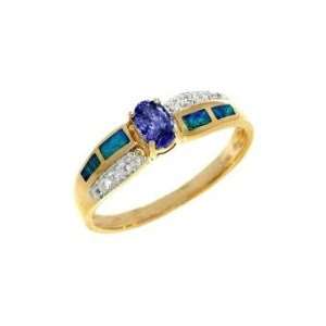   14K Yellow Gold Tanzanite Diamond & Opal Inlay Ring .45 TCW Jewelry