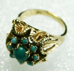 Vintage Art Deco Turquoise solid 14k yellow GOLD RING sz 7 over 9 