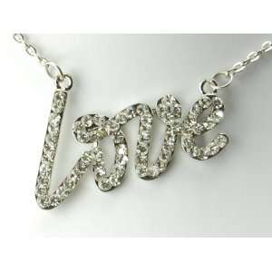 Clear Crystal Rhinestone Love Phrase Word Silver Tone Style Necklace 