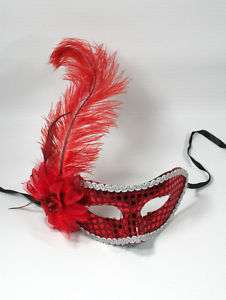 RED VENETIAN MASK FEATHER MASQUERADE DANCE RED2022  