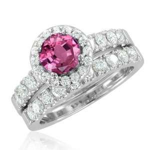 Natural Pink Sapphire Diamond Engagement Wedding Ring Bridal Set 14k 