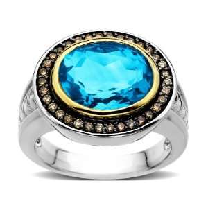  Swiss Blue Topaz and 1/4 ct Champagne Diamond Ring in 14K Gold 
