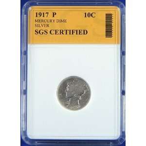  1917 P Mercury Silver Dime SGS Certified Authentic 