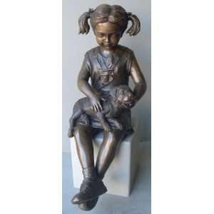  Bronze Statue of Sitting Girl Holding her Puppy Sports 