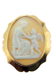 VICTORIAN CARVED SHELL GODDES WITH CHERUB CAMEO 9CT GOLD BROOCH