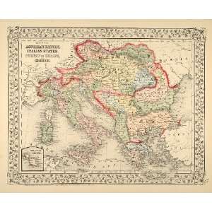 1872 Map Austrian Empire Italian States Greece Antique   Original 