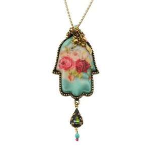  Hamsa Medallion Decorated with Roses Bouquet on Turquoise Background 