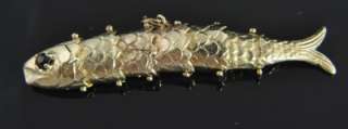   Deco Vtg 14K Gold Articulated 3D Garnet Fish Lure Charm Pendant  