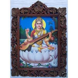   Saraswati sitting in Lotus Flower, Pic in wood Frame 